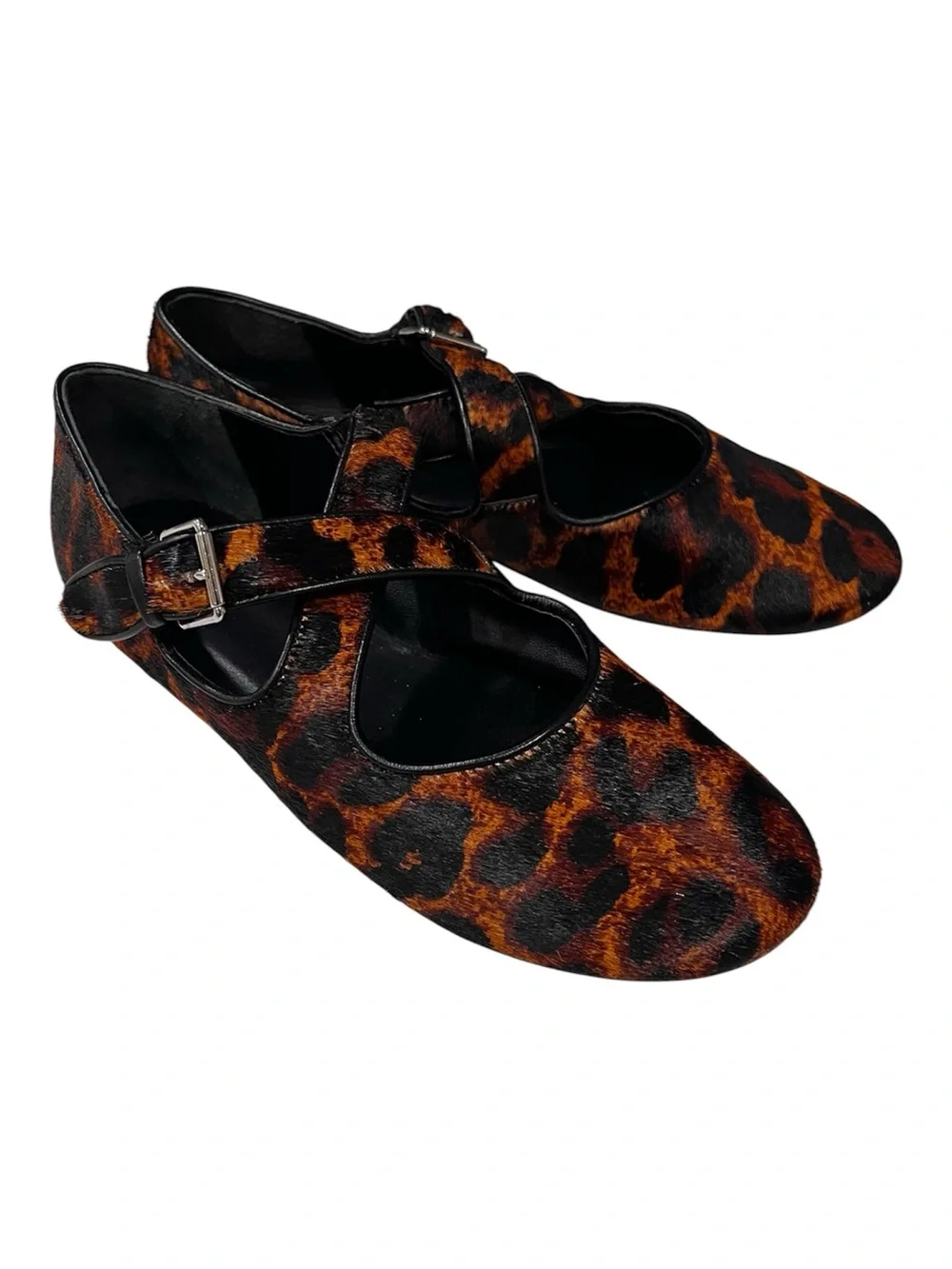 MAEVE Criss Cross Mary Jane Flats Calf Hair Leather Leopard Print Size 7 NWOB